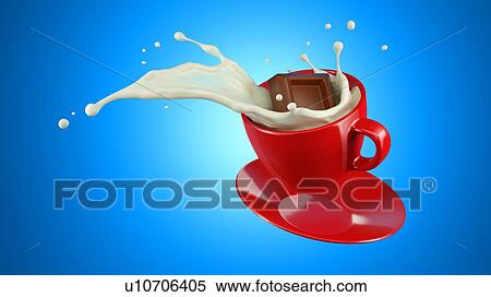 Stock Photography - Red cup full of milk with chocolate cube splashing. Jumping With saucer On blue background.. Fotosearch