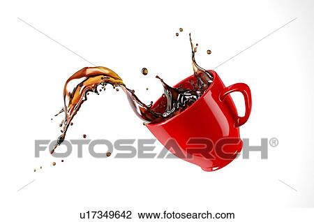 Stock Image - Red cup mug jumping with coffee splash. Isolated on white background.. Fotosearch