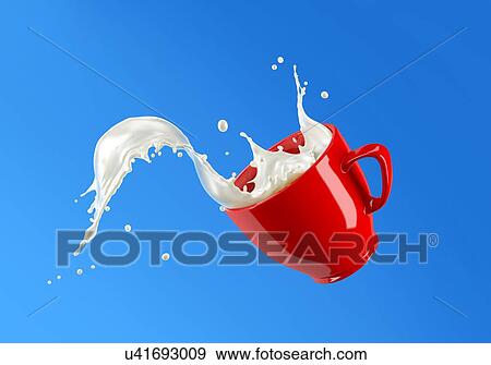 Stock Photo - Red cup mug jumping with milk splash. Isolated on blue background.. Fotosearch