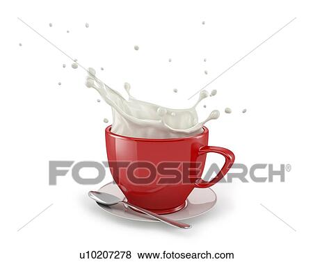 Red cup with milk splash, on white saucer with spoon. On white background. View Large Photo Image Stock Photo - Red cup with milk splash, on white saucer with spoon. On white background.. Fotosearch