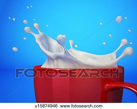 Stock Photograph - Red cup/mug with milk splash. On blue background. Close up view.. Fotosearch