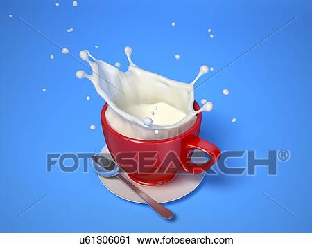 Red mug with milk splash. With saucer and spoon. On blue background. View from above. View Large Photo Image Stock Image - Red mug with milk splash. With saucer and spoon. On blue background. View from above.. Fotosearch