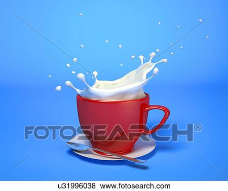 Red mug with milk splash. With saucer and spoon. On blue background. View from above. View Large Photo Image Stock Photo - Red mug with milk splash. With saucer and spoon. On blue background. View from above.. Fotosearch