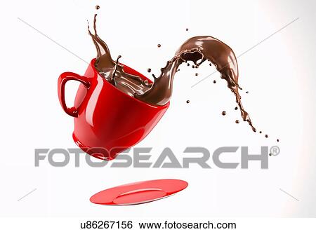 Stock Photograph - Red porcelain Mug cup and saucer jumping with liquid chocolate wave splash. Isolated on white background.. Fotosearch