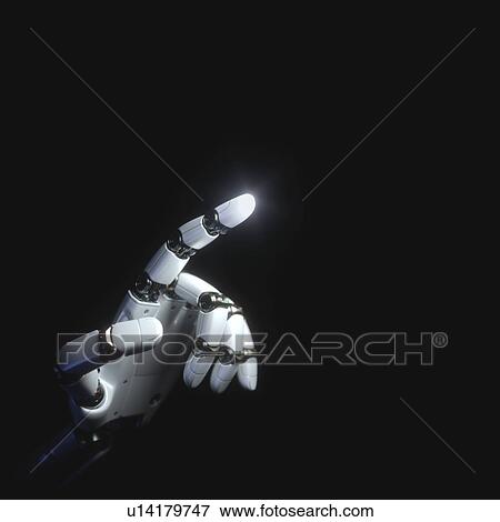 Stock Photo - Robotic hand pointing finger upwards on black background, illustration.. Fotosearch