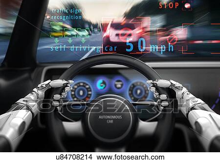 Robotic hands on steering wheel while driving autonomous car. 3D illustration. View Large Photo Image Picture - Robotic hands on steering wheel while driving autonomous car. 3D illustration.. Fotosearch
