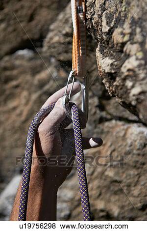 Rock climber securing harness clip View Large Photo Image Stock Photo - Rock climber securing harness clip. Fotosearch