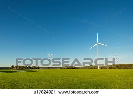 Stock Image - Row of wind turbines on nature reserve, Netherlands. Fotosearch