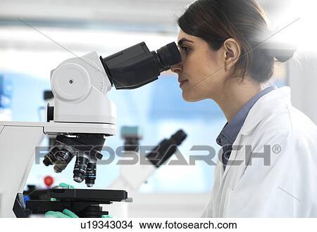 Picture - Scientist examining specimens under a microscope during a clinical trial in the laboratory.. Fotosearch
