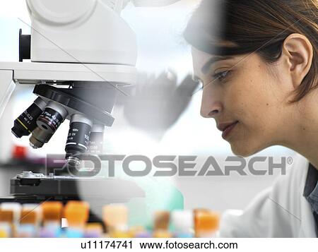 Stock Image - Scientists viewing a medical sample on a glass slide under a microscope in the laboratory.. Fotosearch
