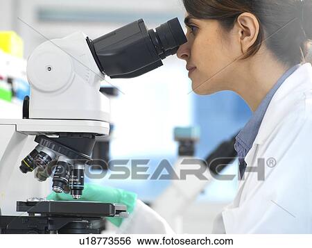 Stock Photograph - Scientists viewing a medical sample on a glass slide under a microscope in the laboratory.. Fotosearch