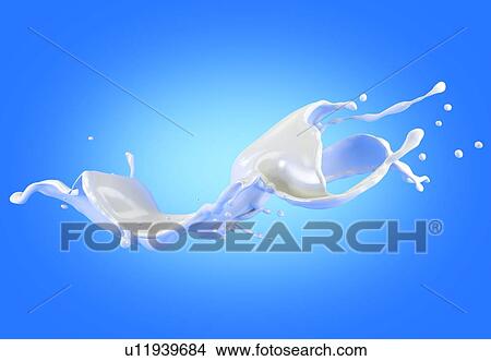 Shot of Milk splash wave in the air isolated on blue background. View Large Photo Image Picture - Shot of Milk splash wave in the air isolated on blue background.. Fotosearch