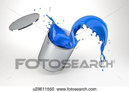 Stock Image - silver bucket full of vibrant blue paint, jumping with paint splashing. Isolated on white background with drop shadow.. Fotosearch