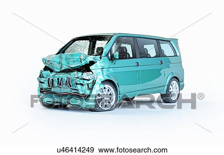 Single car accident. Green van heavily damaged on the front part. Isolated on white background. Perspective view. View Large Photo Image Stock Photo - Single car accident. Green van heavily damaged on the front part. Isolated on white background. Perspective view.. Fotosearch