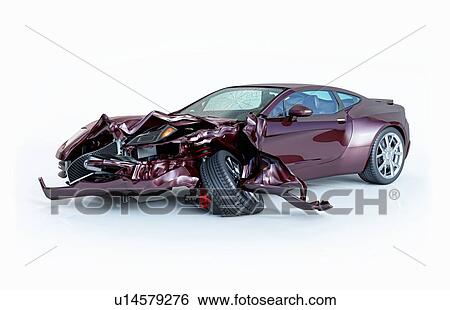 Single car crashed. Purple sport car coupe heavily damaged on the front part. Isolated on white background. Perspective view. View Large Photo Image Stock Photograph - Single car crashed. Purple sport car coupe heavily damaged on the front part. Isolated on white background. Perspective view.. Fotosearch