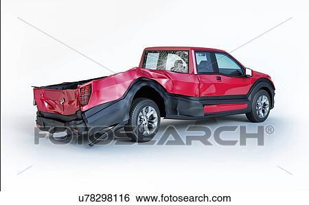 Single car crashed. Red pick up damaged on the rear part. Isolated on white background. Perspective view. View Large Photo Image Stock Photograph - Single car crashed. Red pick up damaged on the rear part. Isolated on white background. Perspective view.. Fotosearch