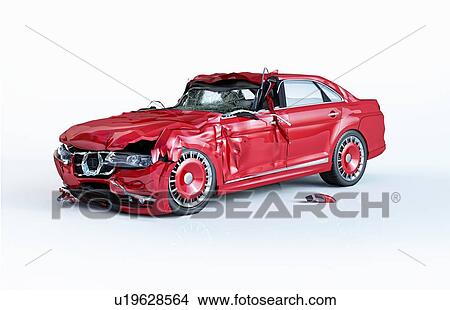 Picture - Single car crashed. Red sedan damaged on the front part. Isolated on white background. Perspective view.. Fotosearch
