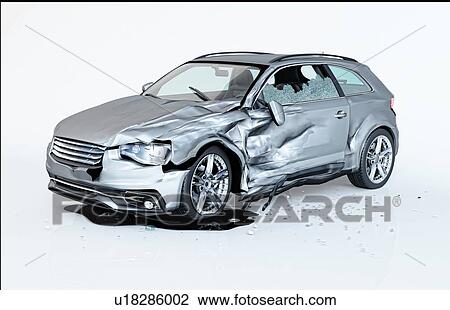 Single car crashed. Silver coupe heavily damaged on a side. Isolated on white background. Perspective view. View Large Photo Image Stock Image - Single car crashed. Silver coupe heavily damaged on a side. Isolated on white background. Perspective view.. Fotosearch