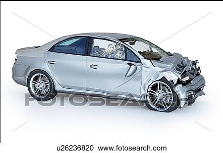 Single car crashed. Silver sedan heavily damaged on the front part. Isolated on white background. Perspective view. View Large Photo Image Stock Image - Single car crashed. Silver sedan heavily damaged on the front part. Isolated on white background. Perspective view.. Fotosearch