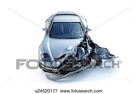 Single car crashed. Silver sport car coupe heavily damaged on the front part. Isolated on white background. Front bird eye view. View Large Photo Image Stock Photo - Single car crashed. Silver sport car coupe heavily damaged on the front part. Isolated on white background. Front bird eye view.. Fotosearch