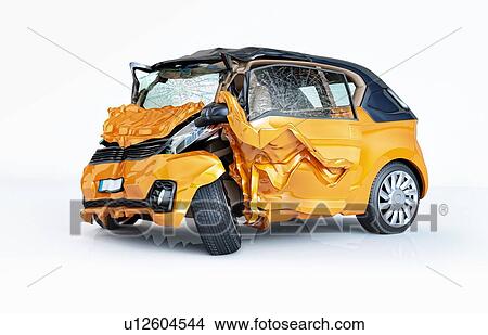Single car crashed. Yellow city car heavily damaged on the front part. Isolated on white background. Perspective view. View Large Photo Image Picture - Single car crashed. Yellow city car heavily damaged on the front part. Isolated on white background. Perspective view.. Fotosearch