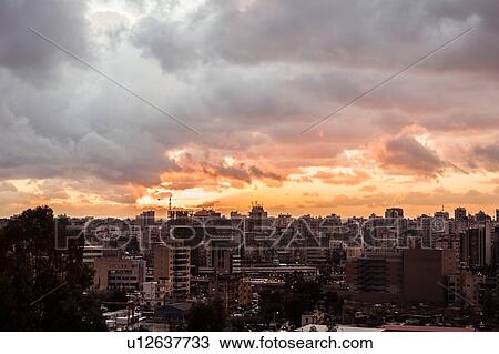 Skyline cityscape at sunset, elevated view, Beirut, Lebanon View Large Photo Image Stock Image - Skyline cityscape at sunset, elevated view, Beirut, Lebanon. Fotosearch