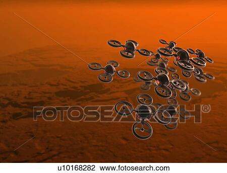 Stock Image - Small drones flying above planet Mars, illustration.. Fotosearch