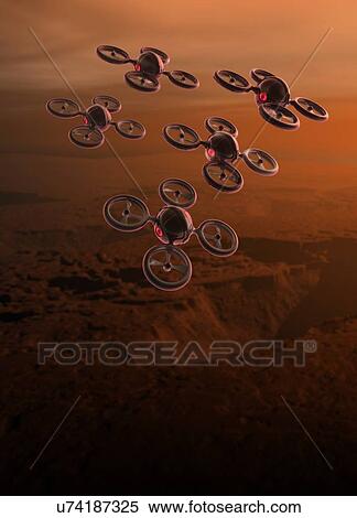 Small drones flying above planet Mars, illustration. View Large Photo Image Stock Photography - Small drones flying above planet Mars, illustration.. Fotosearch