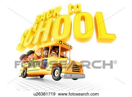 Smiling little girls and boys in yellow bus. 3D illustration on white background. View Large Photo Image Stock Photo - Smiling little girls and boys in yellow bus. 3D illustration on white background.. Fotosearch