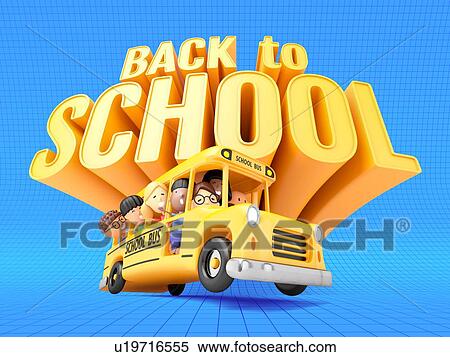 Stock Photography - Smiling little girls and boys in yellow bus. 3D illustration. Fotosearch