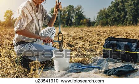 Stock Image - Soil Sampling. Female agronomist taking sample with soil probe sampler.. Fotosearch