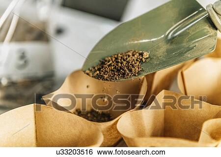 Stock Photograph - Soil testing. Biologist's hand holding trowel with soil above samples separated in small containers.. Fotosearch