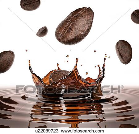 Some Coffee beans falling, one is splashing in a pool of coffee with crown splash. Isolated on white background. View Large Photo Image Stock Image - Some Coffee beans falling, one is splashing in a pool of coffee with crown splash. Isolated on white background.. Fotosearch