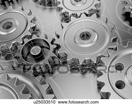 Stock Image - Steel cogwheels in gearbox or engine, part of mechanism combine with drawings.. Fotosearch