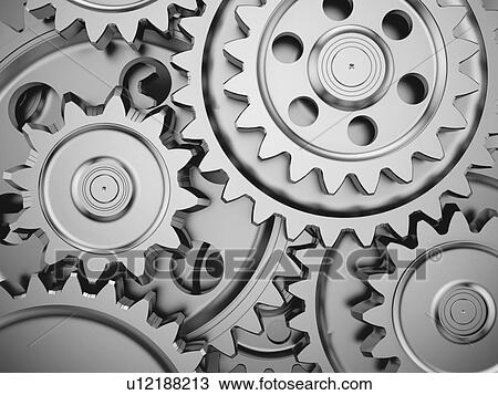 Stock Image - Steel gear wheels in an engine. 3d illustration.. Fotosearch