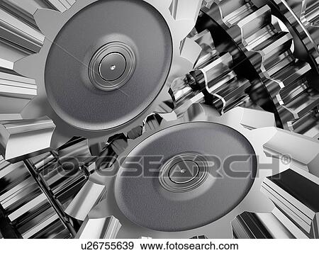 Stock Photo - Steel gear wheels in an engine. 3d illustration.. Fotosearch