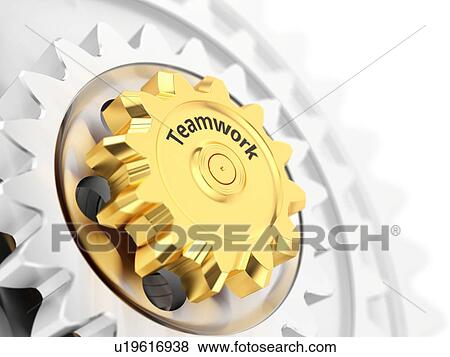 Stock Photo - Teamwork concept, gold gear wheel close-up. 3d illustration.. Fotosearch