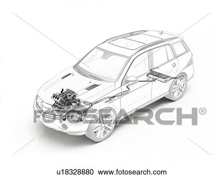 Stock Image - Technical drawing of car engine, illustration. Fotosearch