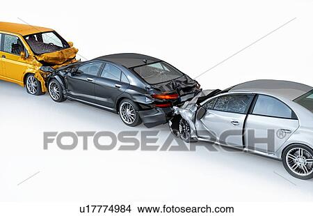 Picture - Three cars accident in line. Crashed cars. A black sedan against a yellow van in frontal collision and a silver sedan against the back of the other. Isolated on white background. Bird eye view.. Fotosearch