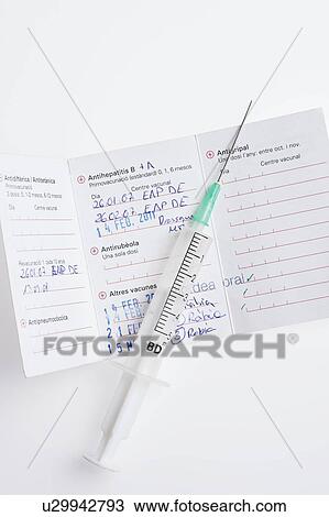 Stock Image - Travel vaccination certificate with syringe.. Fotosearch