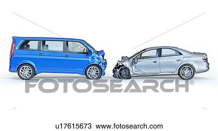 Stock Image - Two cars accident. Crashed cars. A blue van against a silver sedan. Big damage. Isolated on white background. Viewed from a side.. Fotosearch