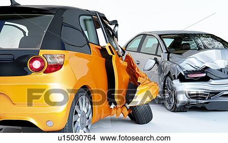 Picture - Two cars accident. Crashed cars. A yellow city car in foreground against a silver sedan. Big damage. Isolated on white background. Close up Low view angle.. Fotosearch