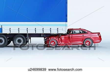 Stock Photo - Two cars accident. Crashed cars. A red car against the back of a big truck. Big damage. Isolated on white background. Viewed from a side.. Fotosearch