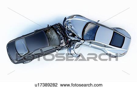Stock Image - Two cars accident. Crashed cars. One silver sport car against one black sedan. Big damage. Isolated on white background. Viewed from the top.. Fotosearch