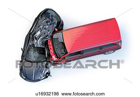 Stock Photo - Two cars accident. Crashed cars. One red van against one black sedan. Big damage. Isolated on white background. Viewed from the top.. Fotosearch