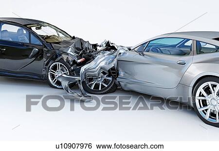 Two cars accident. Crashed cars. One silver sport car against one black sedan. Big damage. Isolated on white background. Close up view. View Large Photo Image Stock Photograph - Two cars accident. Crashed cars. One silver sport car against one black sedan. Big damage. Isolated on white background. Close up view.. Fotosearch