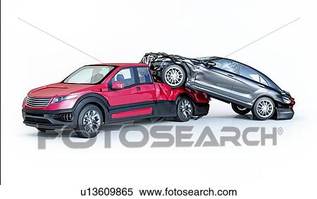 Stock Photography - Two cars accident. Crashed cars. One black luxury sedan over a red pick up. Big damage. Isolated on white background. Viewed from a side.. Fotosearch