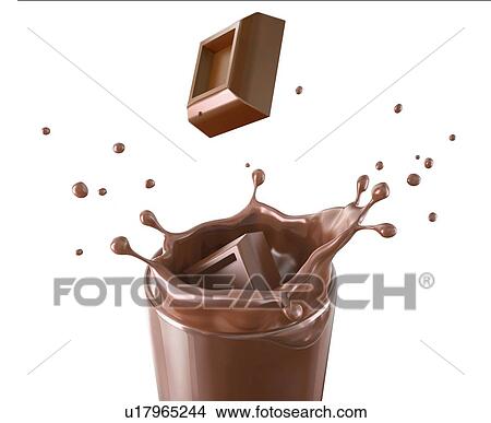 Picture - Two chocolate cubes splashing in a glass full of liquid chocolate with splash. Close up view, isolated on white background.. Fotosearch