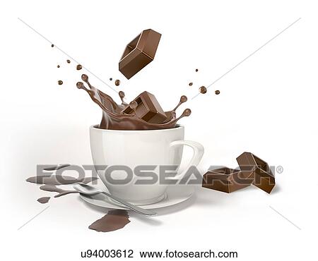Stock Image - Two chocolate cubes splashing into a white cup with liquid chocolate and splash. With two other cubes besides and small chocolate pools on the floor. Isolated on white background.. Fotosearch