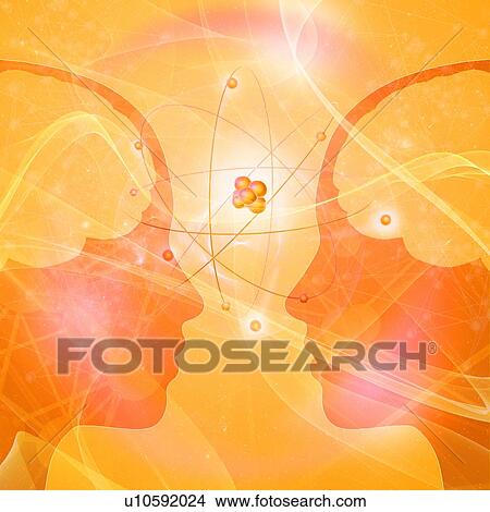 Picture - Two faces with atoms, illustration. Fotosearch